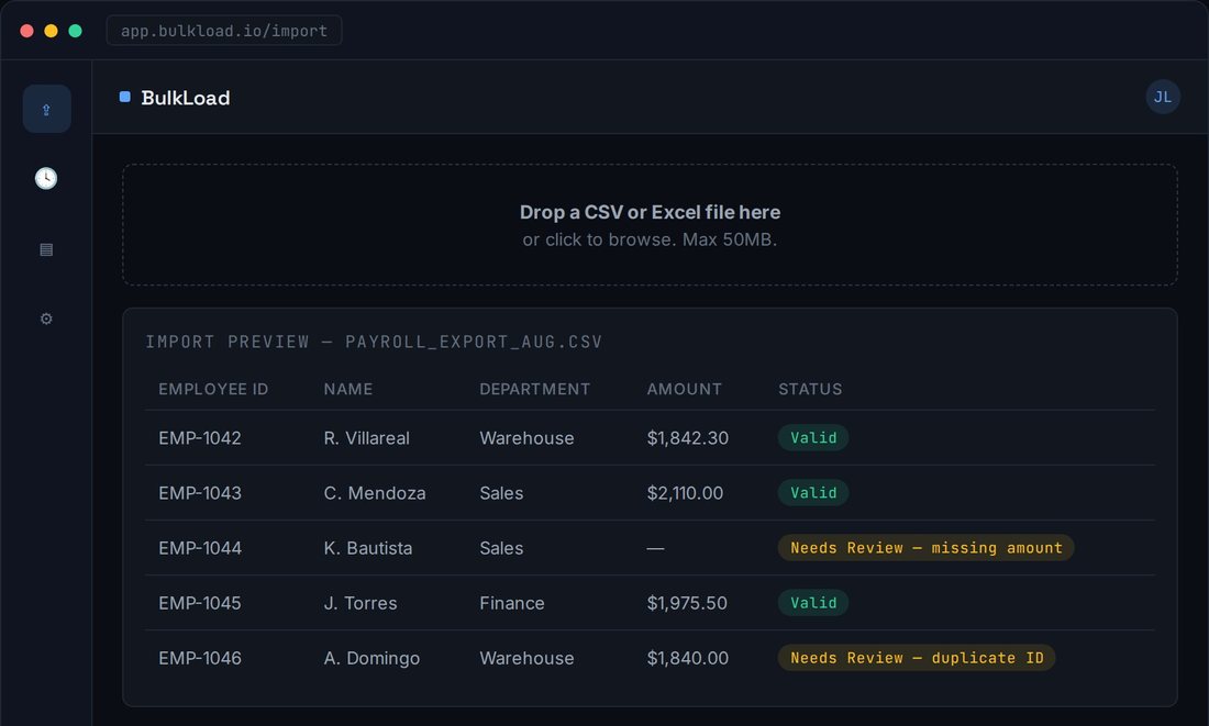 BulkLoad CSV import validation UI