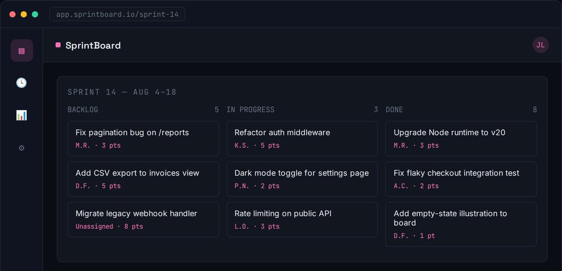 SprintBoard kanban sprint planning UI