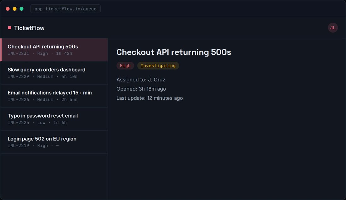 TicketFlow incident tracker UI